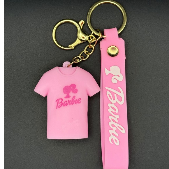 Barbie Accessories - Pink Barbie T Shirt Charm Keychain Bag Charm Gold Tone Hardware